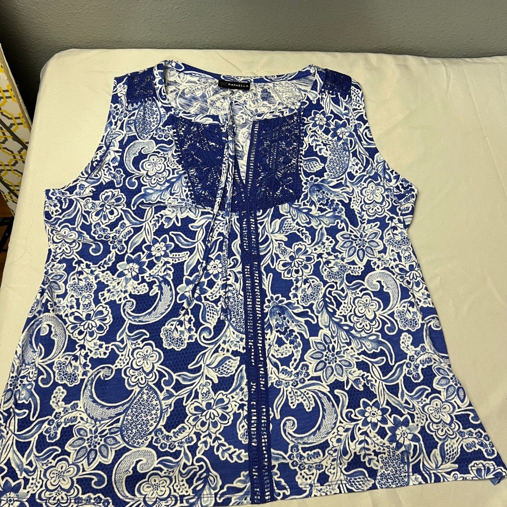 Raffaella Blue White Floral Lace V‎ Neck Sleeveless Casual Summer Top Womens XL